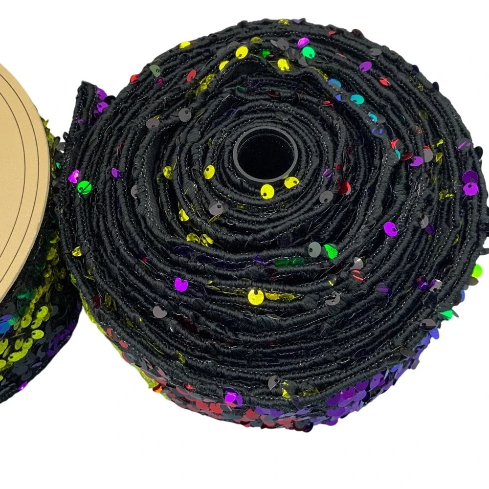 D. Stevens 2.5in x 10Y‎ approx. Rainbow Sequin Wired Ribbon Black/Multicolor NEW
